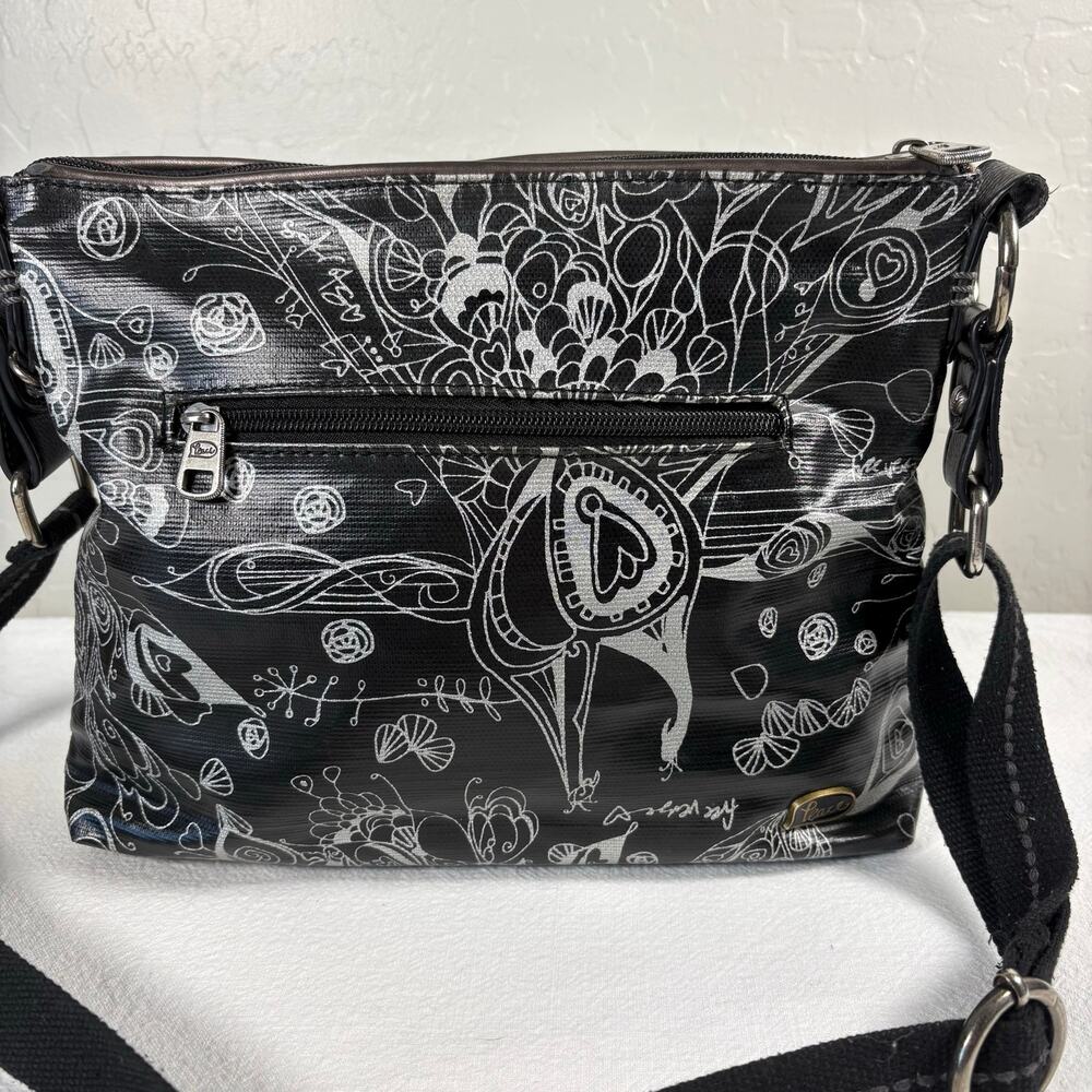 Sakroots Black Silver Peace Crossbody Organizer Bag Triple Zip Adjustable Strap - Picture 2 of 14